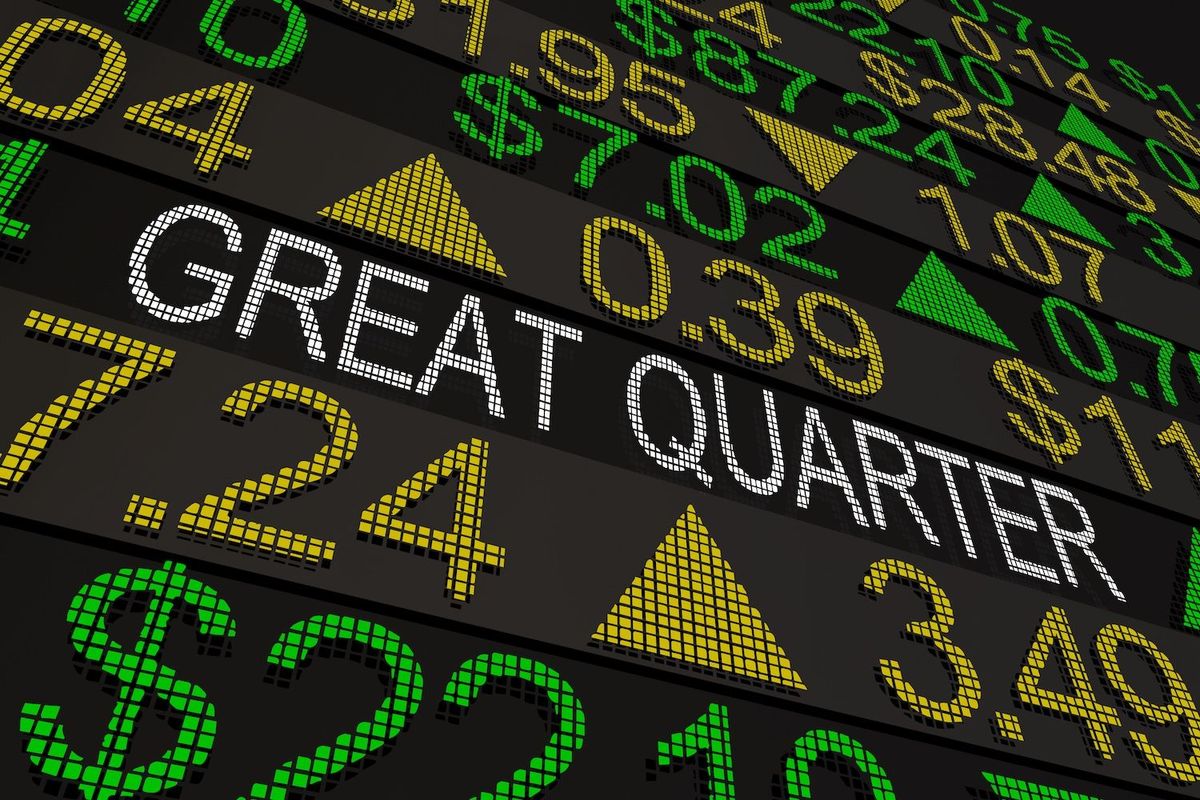 Ticker board with "great quarter" text and rising numbers in green and yellow.