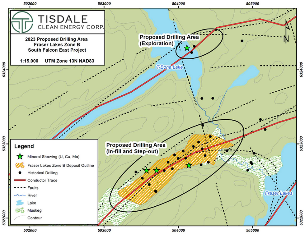 Tisdale Clean Energy's 2024 drill target areas at the south Falcon East uranium project