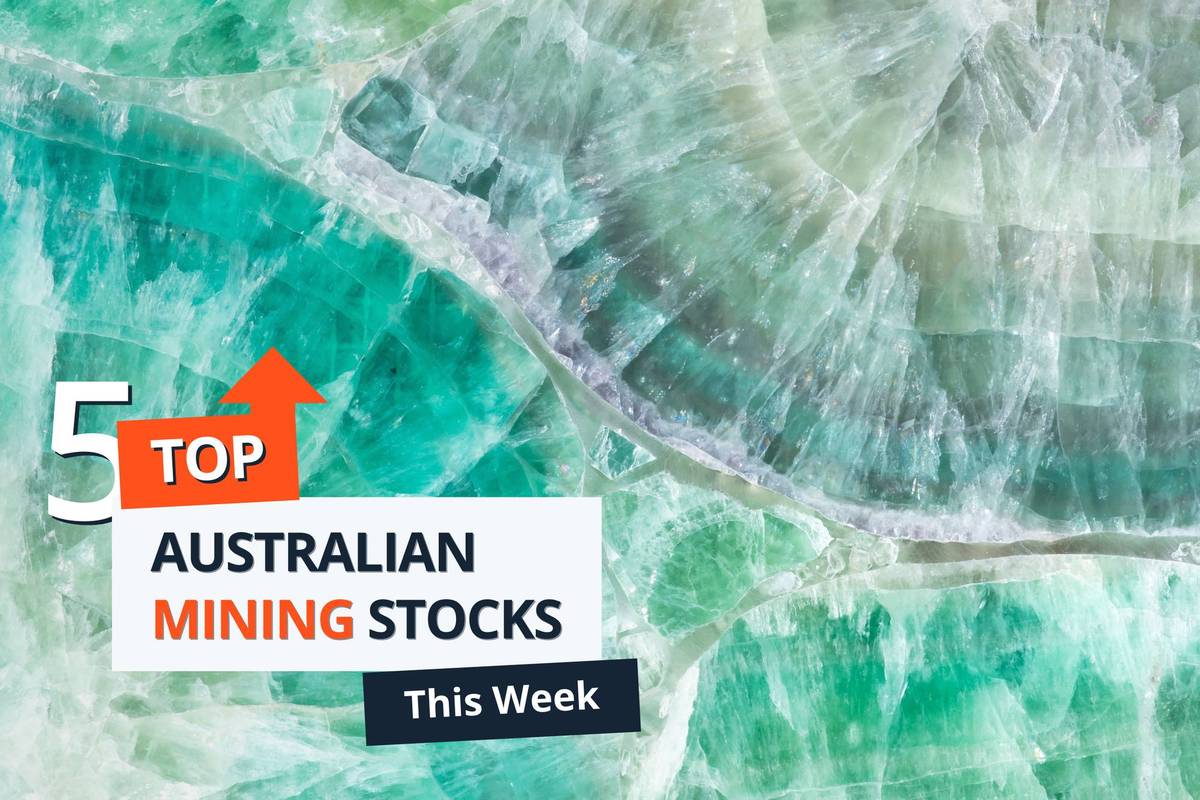 Top 5 Australian mining stocks text over emerald green fluorspar mineral background.