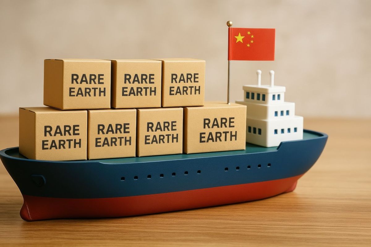 Toy ship with "rare earth" boxes and a flag.