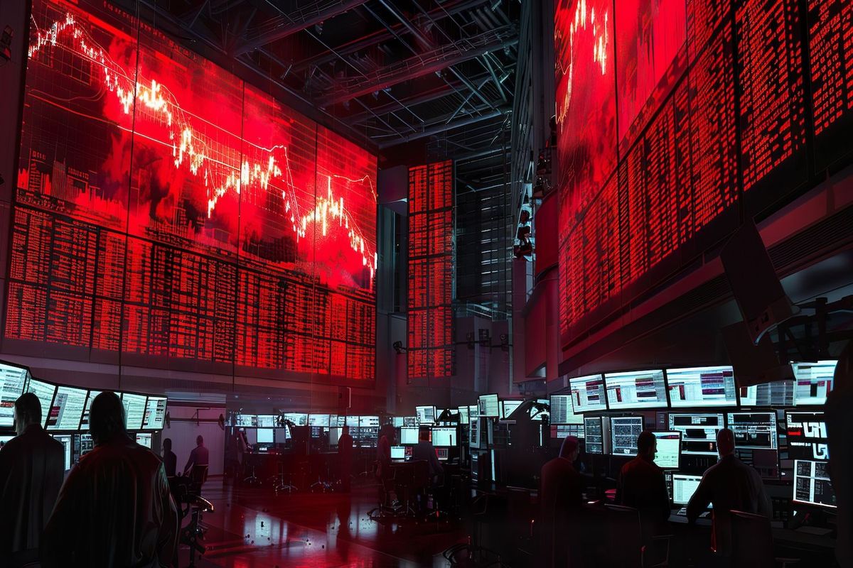 Trading room with red financial data screens and traders at computer desks.