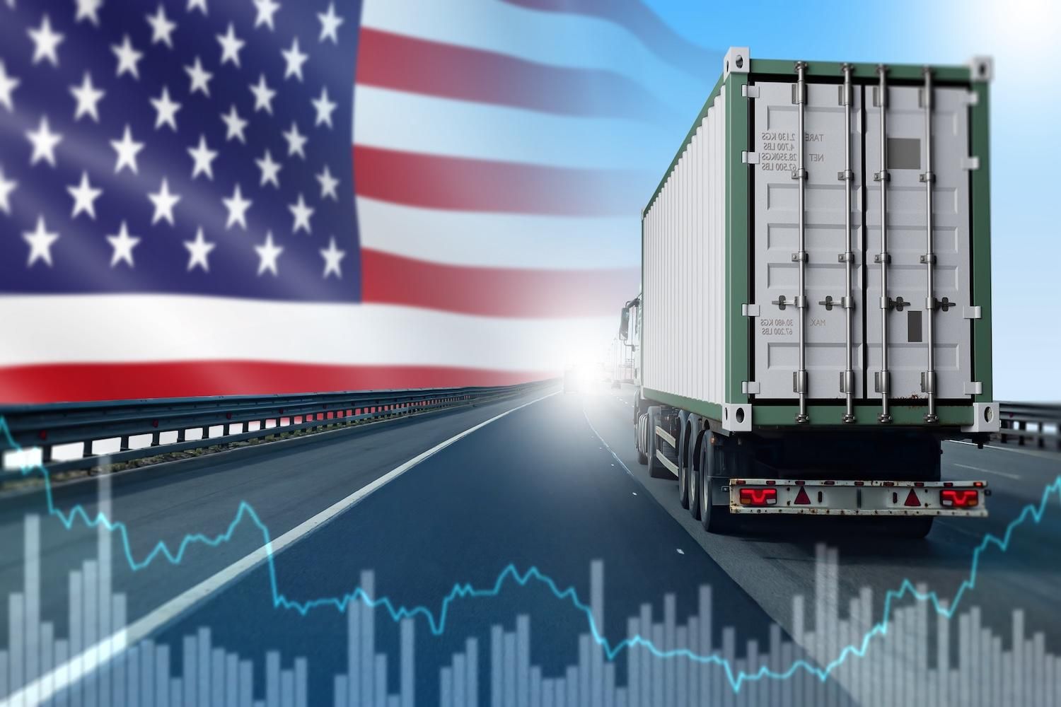 Truck with container on highway, US flag in background, overlaid with chart lines.