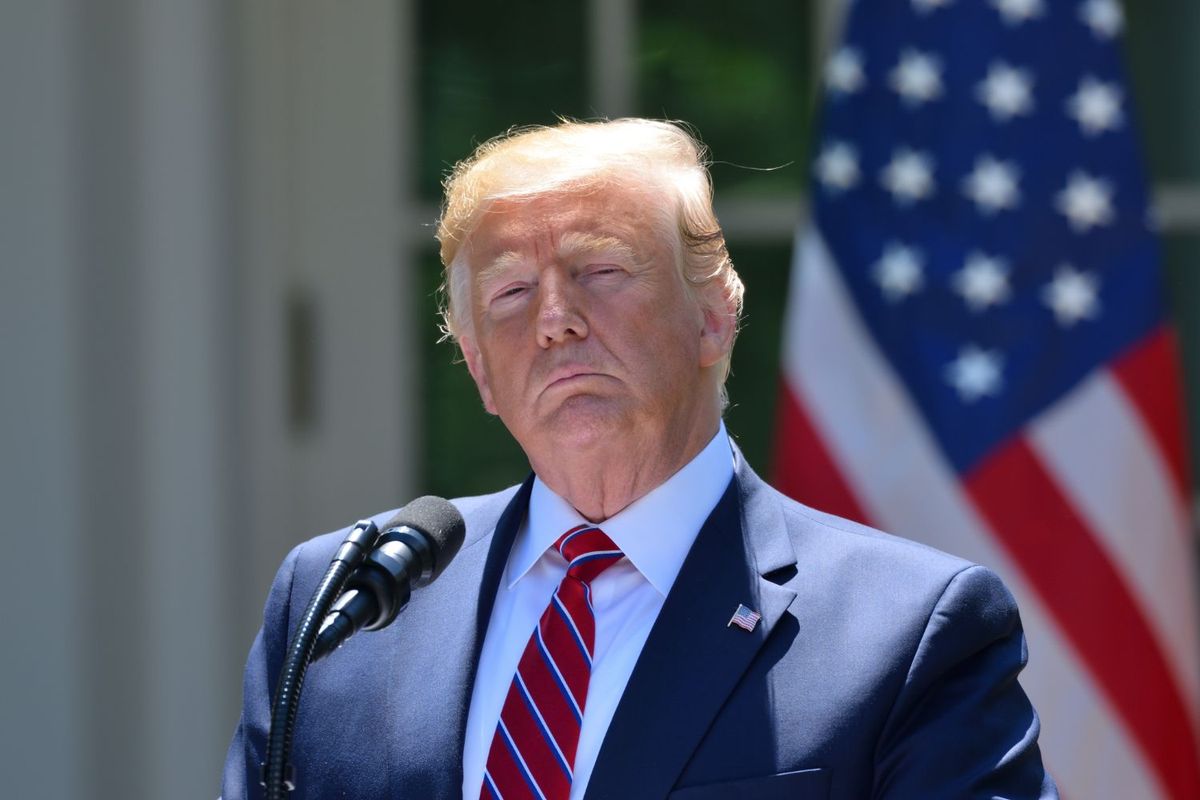 Trump in front of US flag.