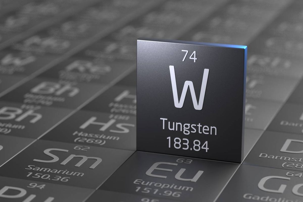 Tungsten element highlighted on periodic table, atomic number 74, weight 183.84.