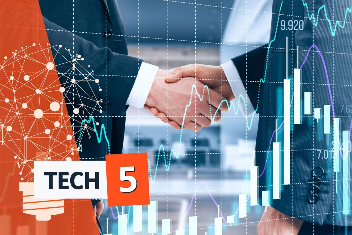 Two businesspeople shaking hands over financial graphs and "Tech 5" text.
