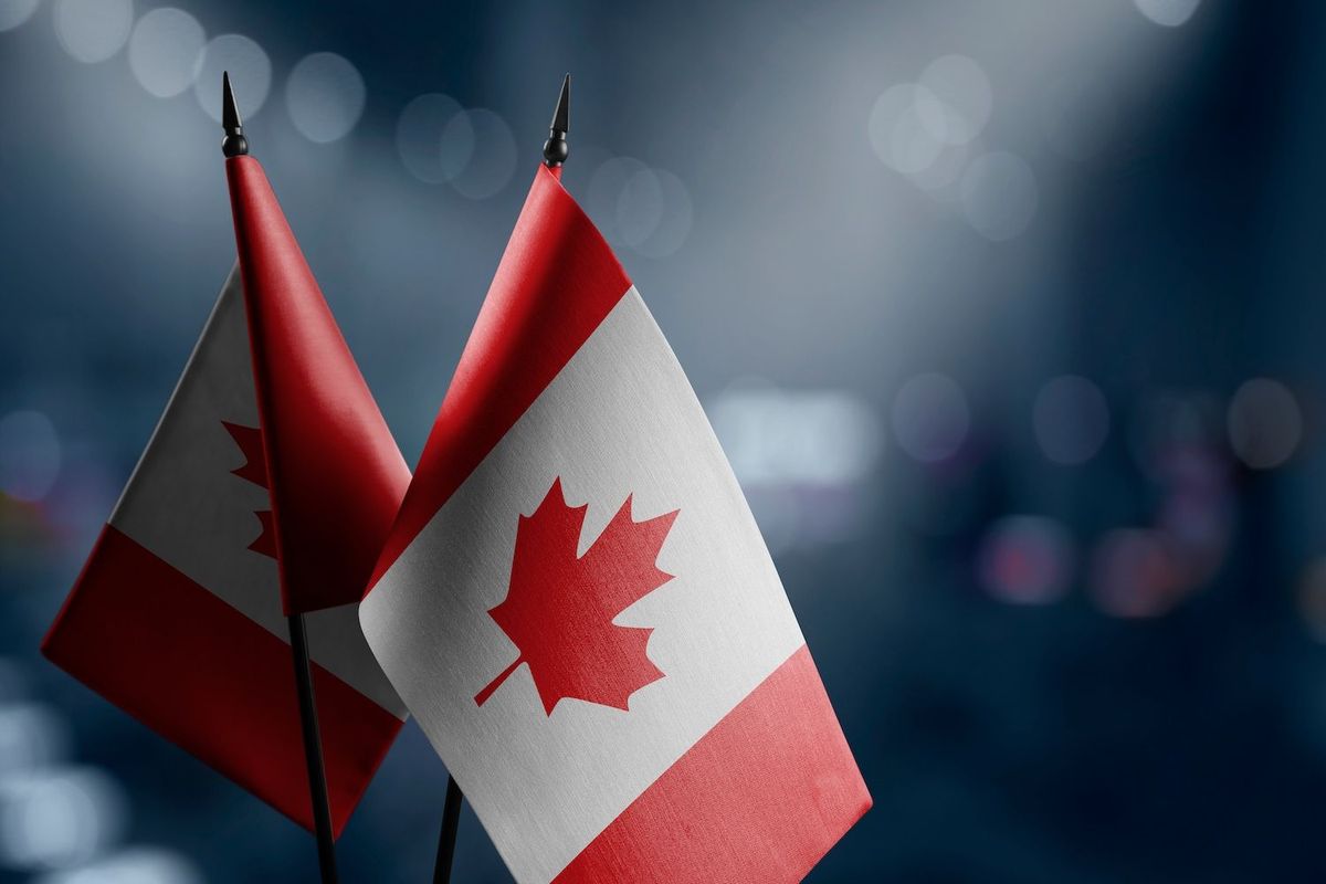 Two Canadian flags with blurred lights in the background.