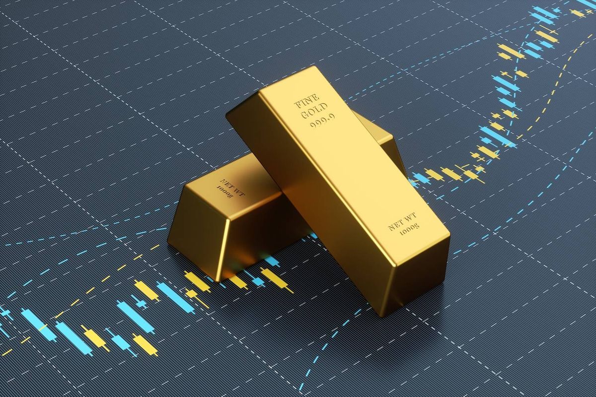 Two gold bars on a financial chart with blue and yellow candlestick patterns; text reads: FINE GOLD 999.9 NET WT 1000g.