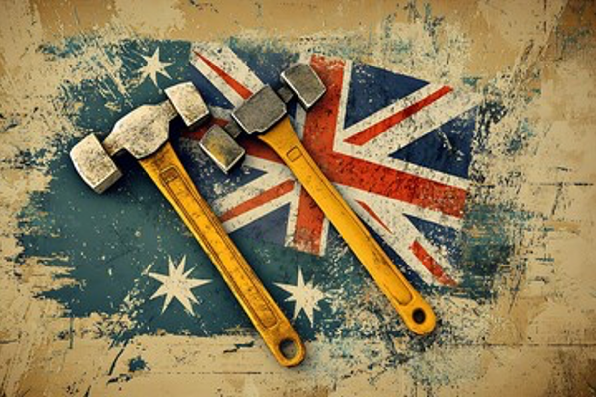 Two hammers on a weathered Australian flag background.