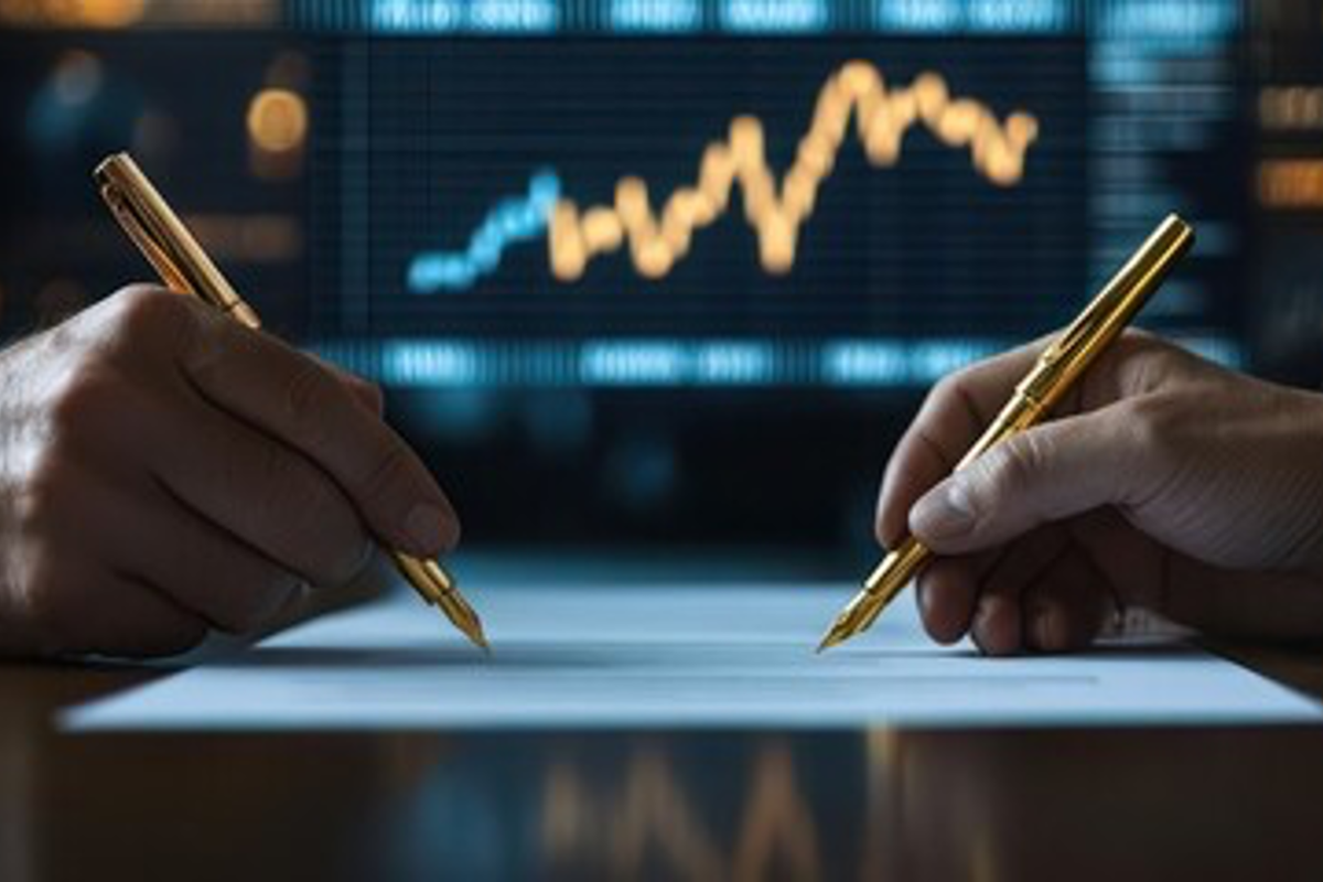 Two hands holding pens over paper, graph in background.