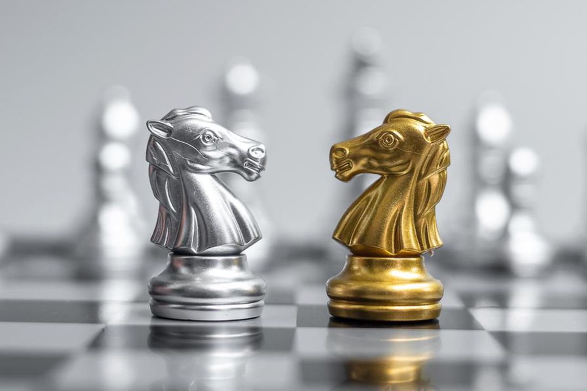 two knight chess pieces on a board facing each other