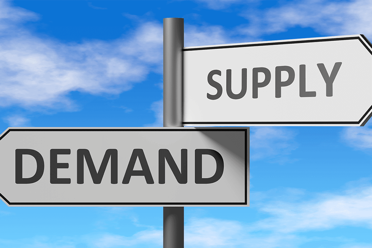 Two opposing direction signs labeled "supply" and "demand" against a blue sky with clouds.