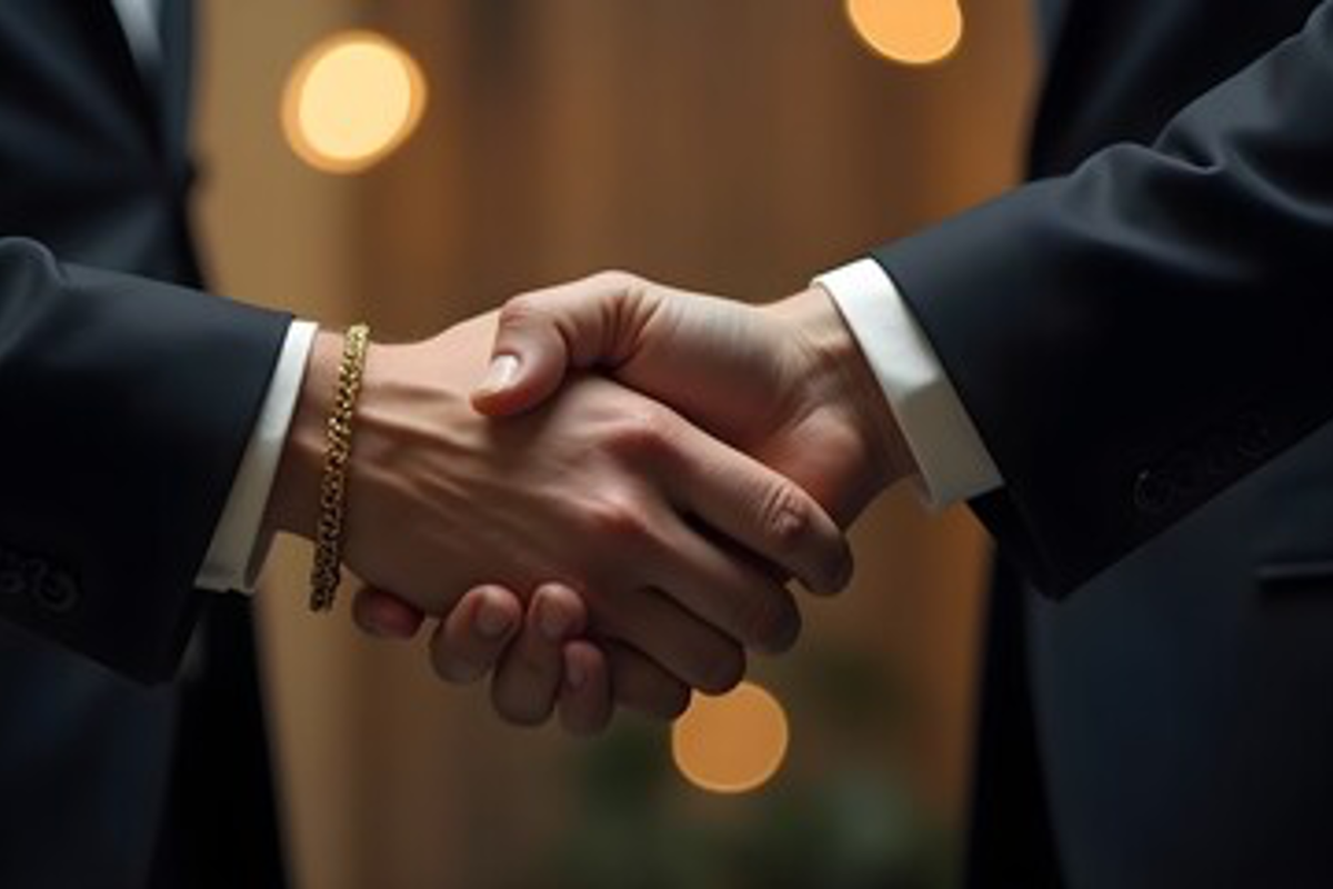 Two people in suits shaking hands in a warmly lit setting.