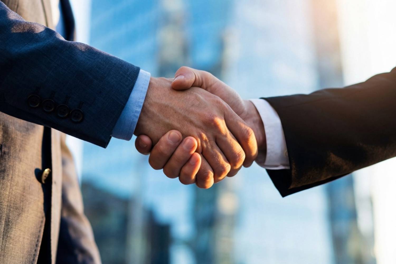 Two people in suits shaking hands in front of a tall, glass-covered building.