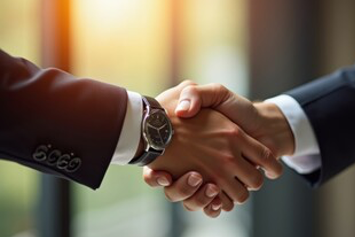 Two people in suits shaking hands, symbolizing a business agreement.