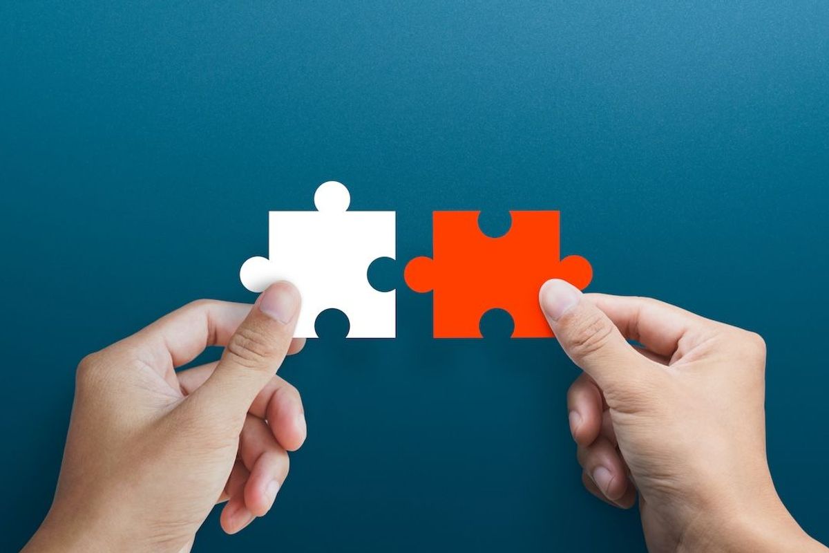 Two puzzle pieces fitting together.