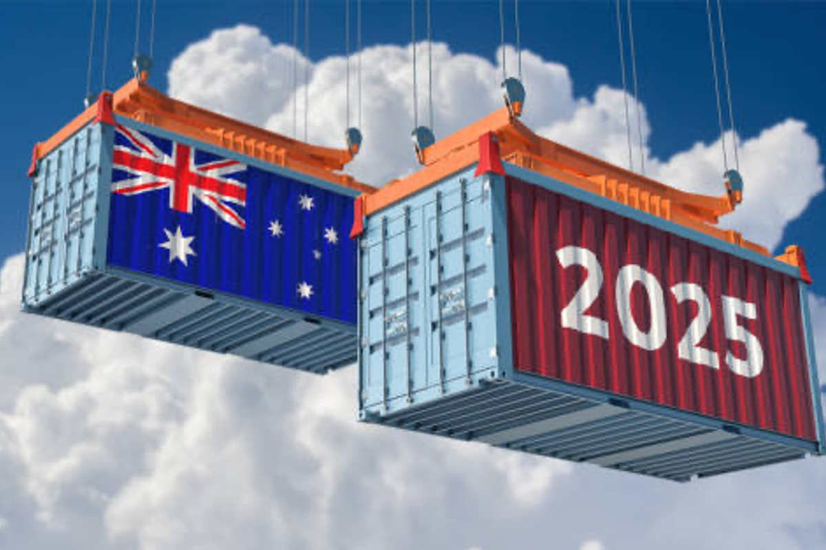 Two shipping containers, one with Australian flag and one with "2025" painted on it.