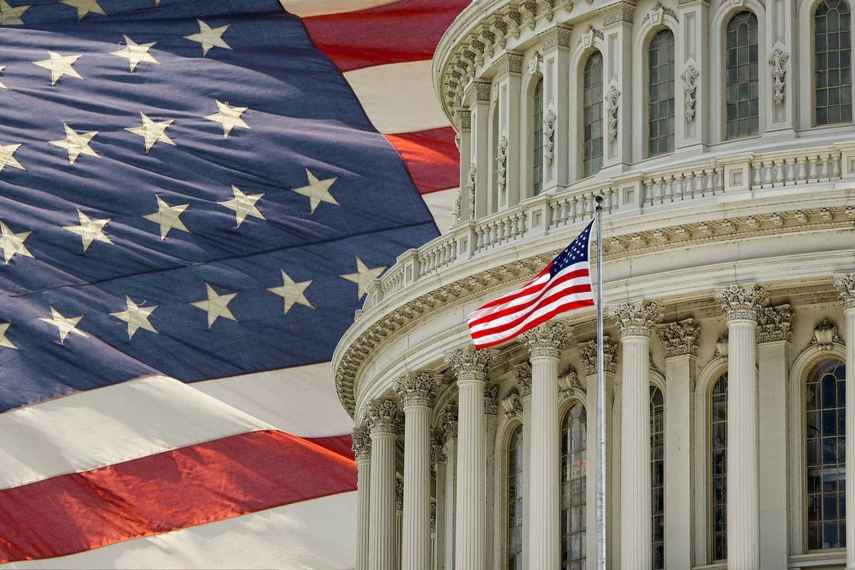 U.S. Capitol building with American flag overlay and flagpole in the foreground.