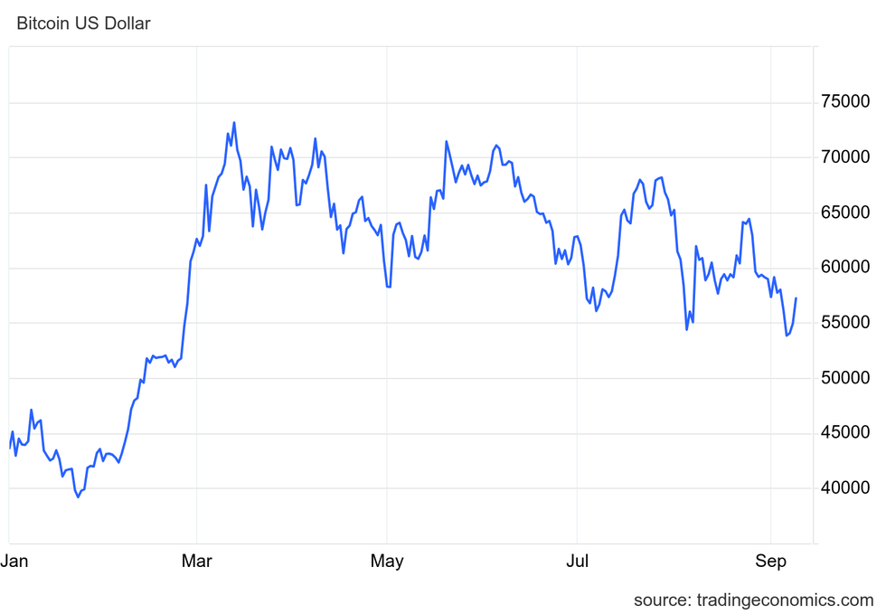 \u200bBitcoin price chart in US dollars from January 1, 2024, until September 9, 2024.