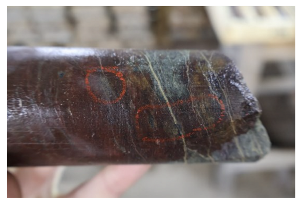 u200bClose-up of uranium mineralization in core sample from hole GC24-04