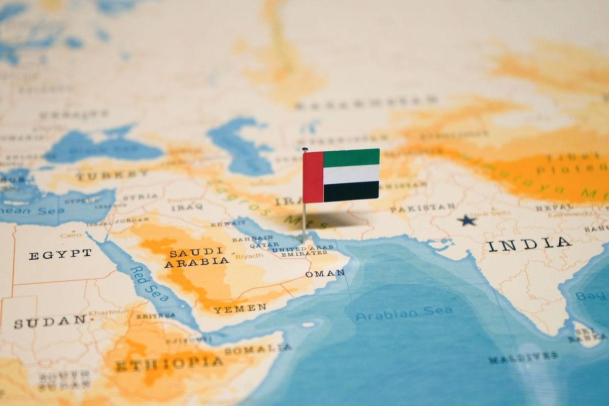 UAE flag on a map of the Middle East.