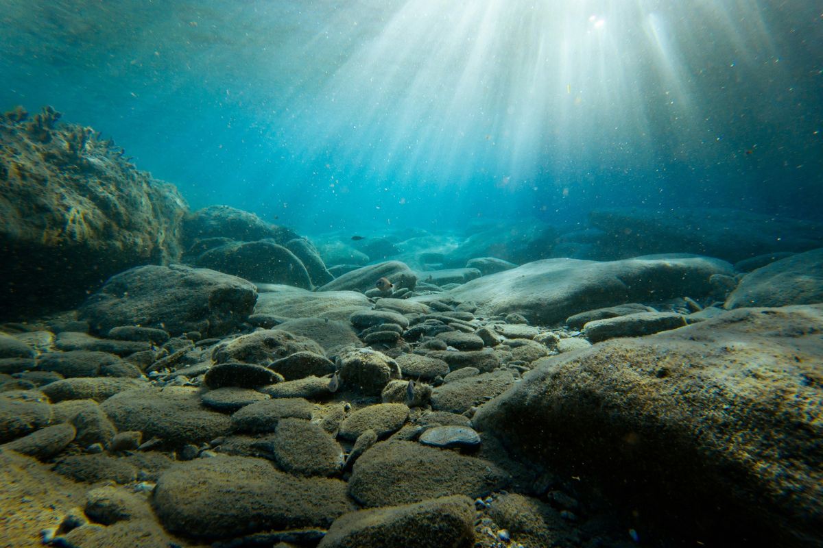 Underwater scene with sun rays illuminating rocky seabed.