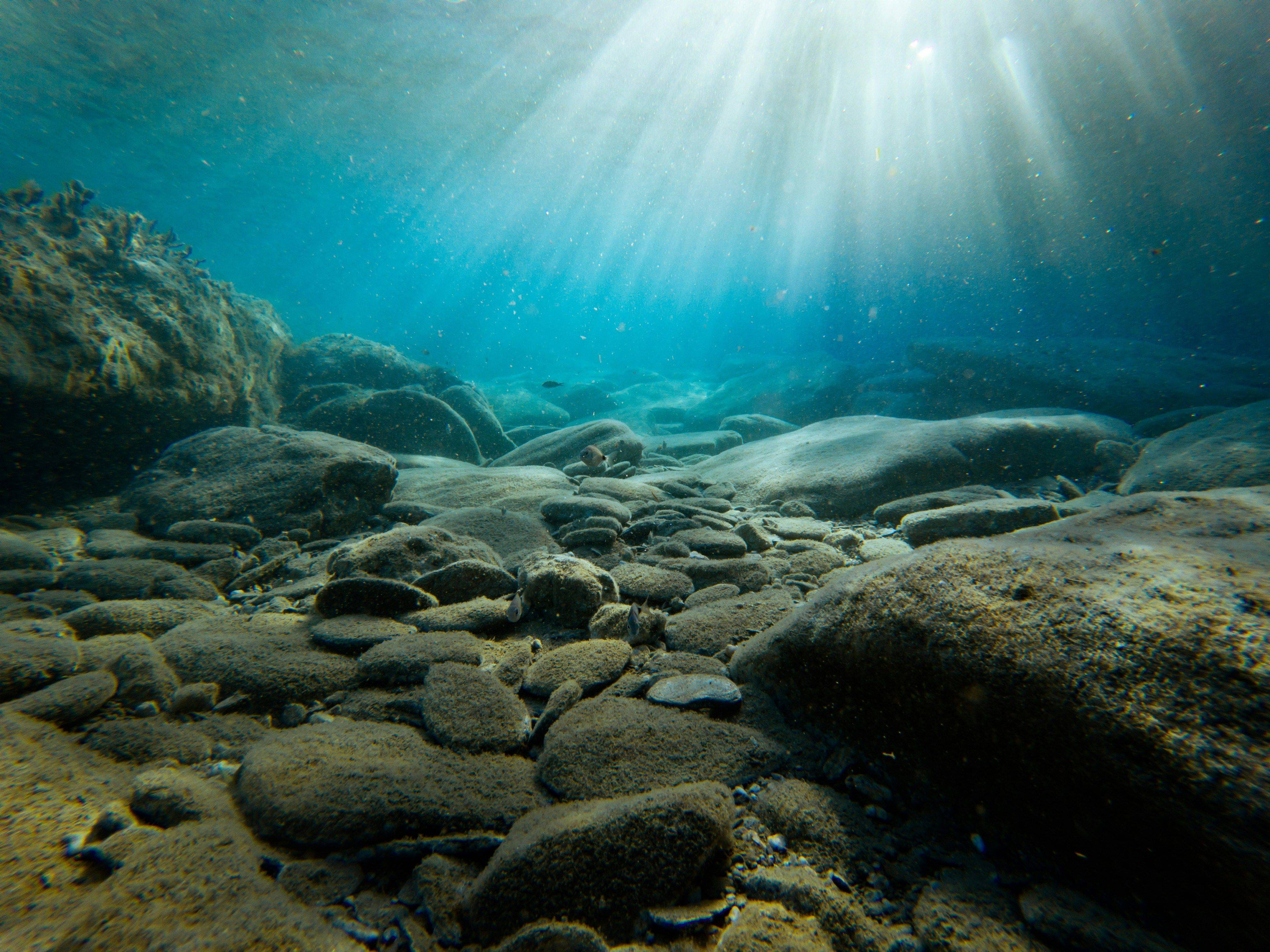 Underwater scene with sun rays illuminating rocky seabed.