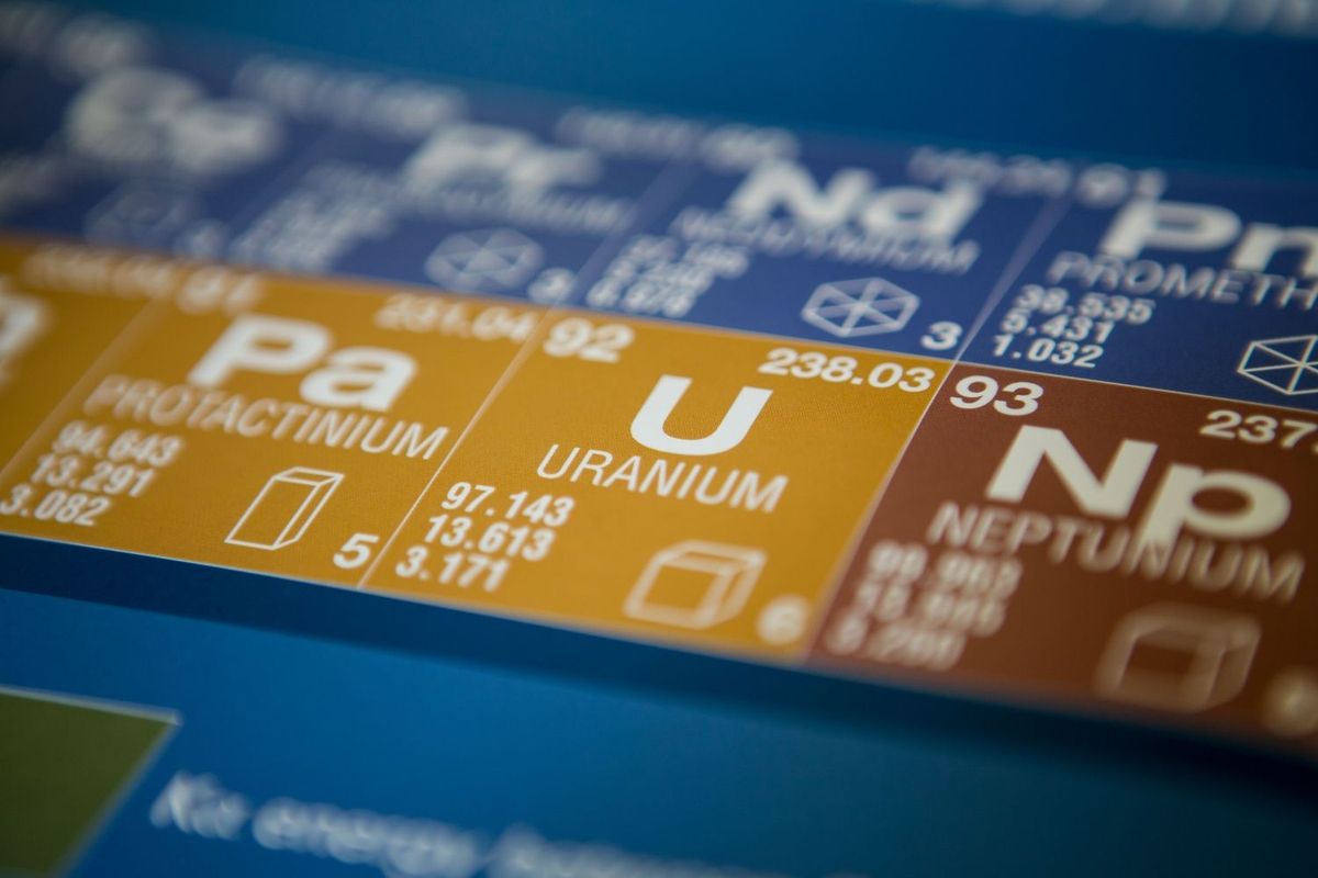Uranium on periodic table of elements.