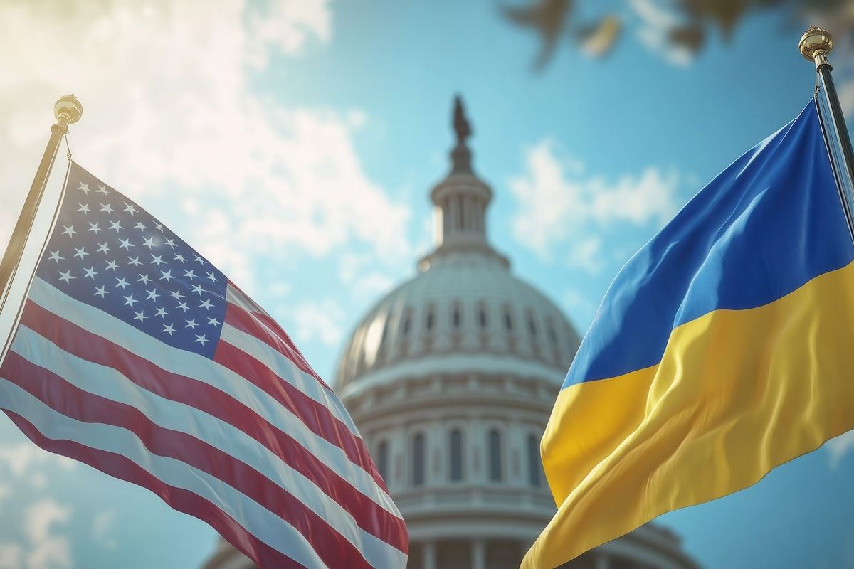 US and Ukraine flags flying in front of US Capitol building.