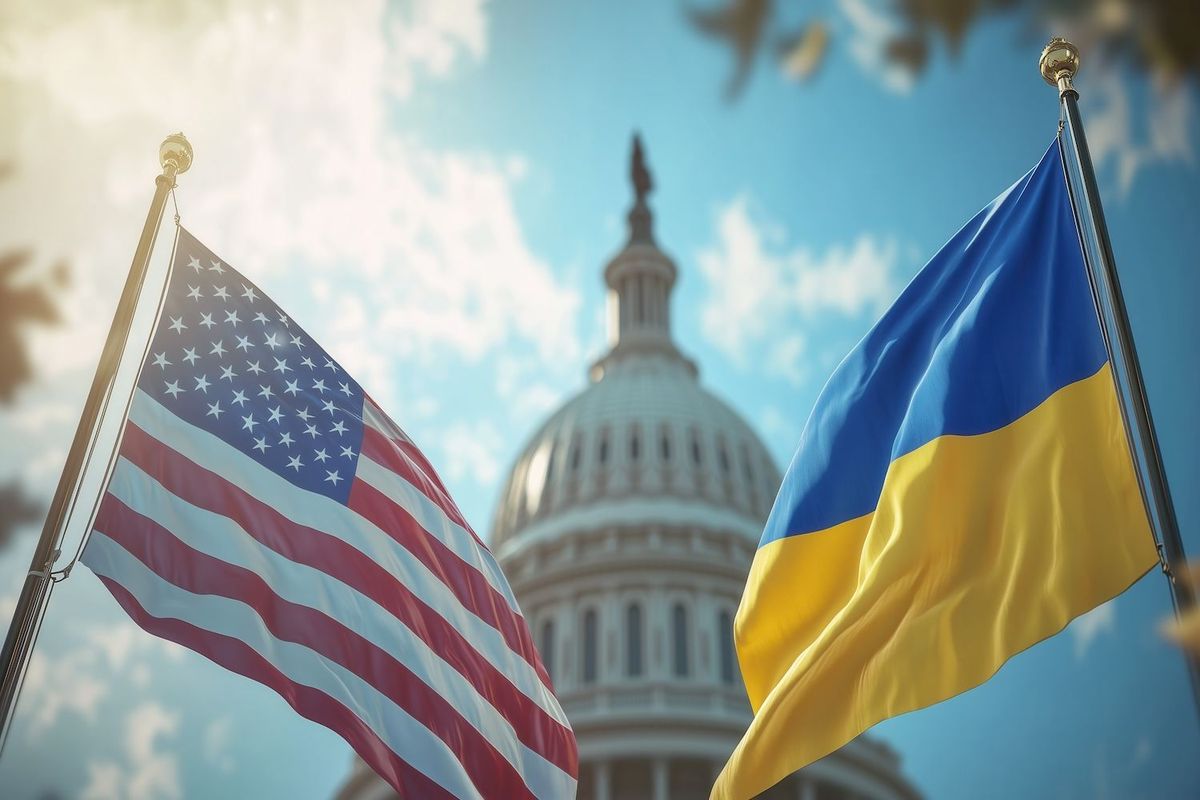 US and Ukrainian flags waving in front of the Capitol dome.