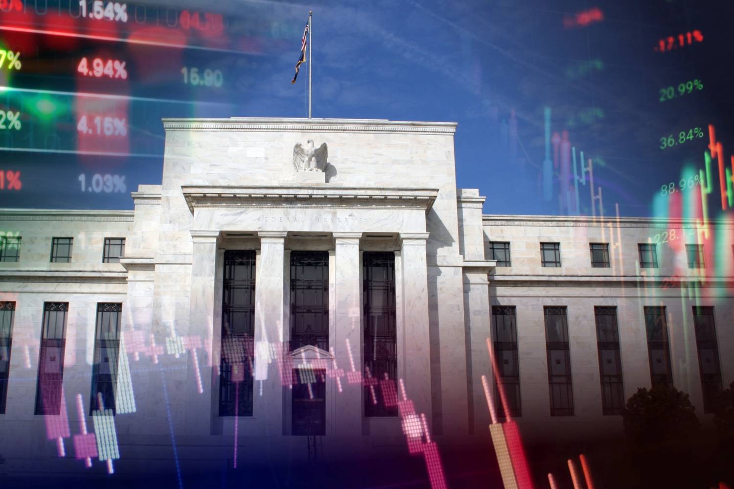 US Federal Reserve building with stock market graph overlay.