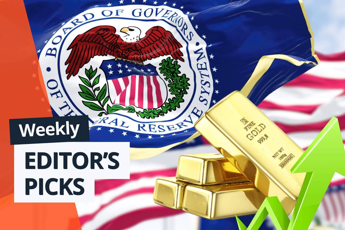 us federal reserve flag with gold bars and green up arrow