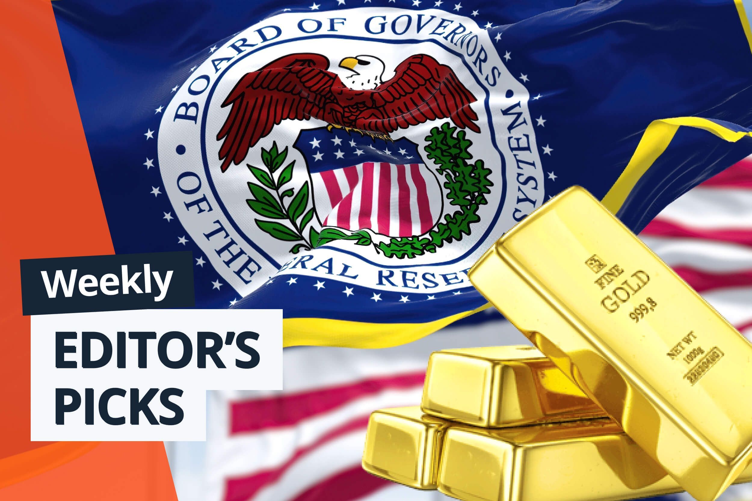 US Federal Reserve logo with gold bars. 