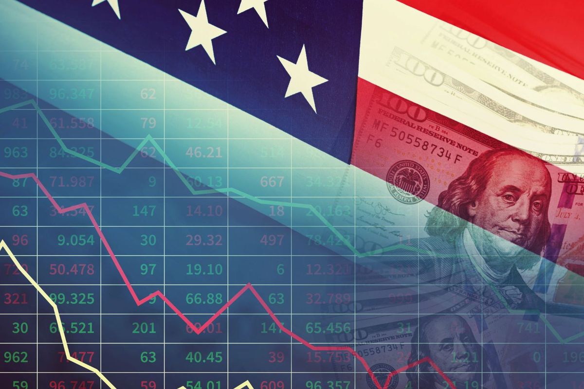 US flag and declining stock graph overlay.
