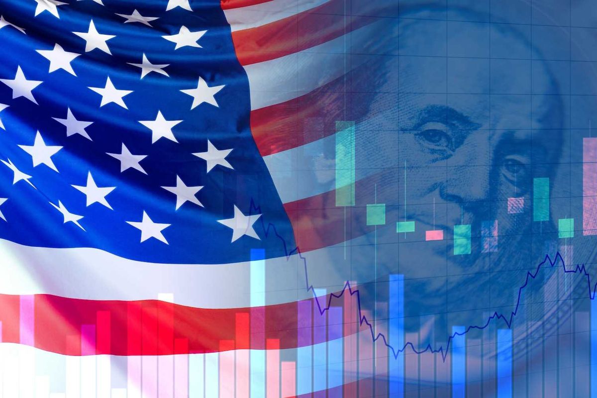 US flag and stock chart overlayed with Benjamin Franklin image.