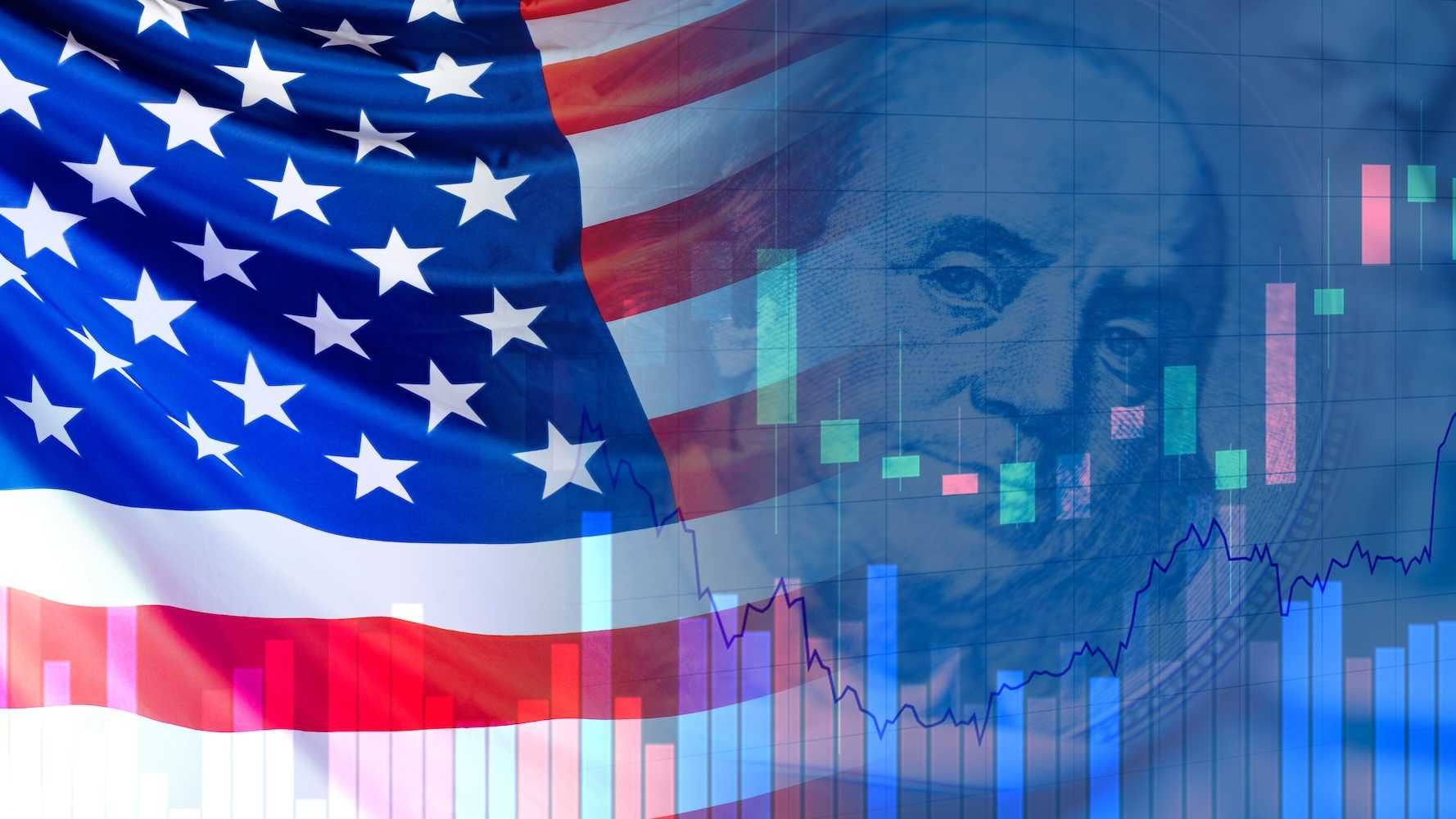 US flag and stock chart overlayed with Benjamin Franklin image.