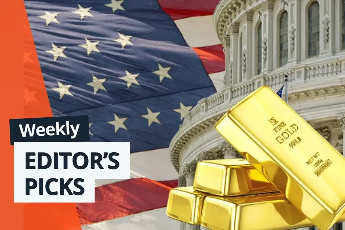 US flag, Capitol building and gold bars.
