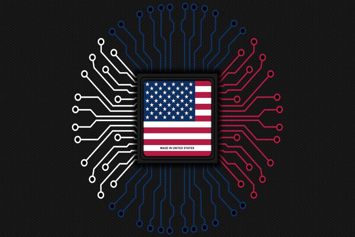 US flag on a microchip with red, white and blue circuit lines on a black background.