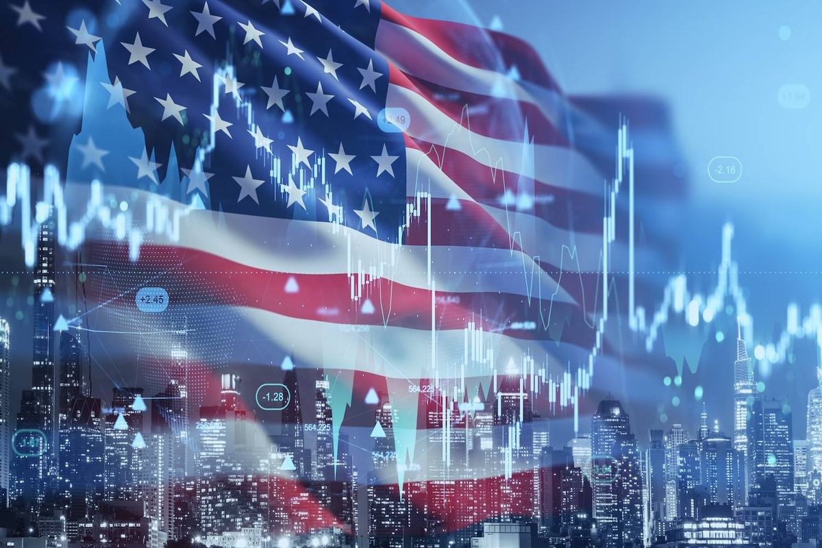 US flag overlays city skyline with stock market graphs and data points.