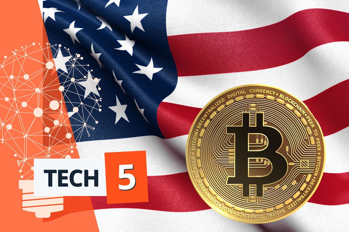 US flag with gold Bitcoin. 