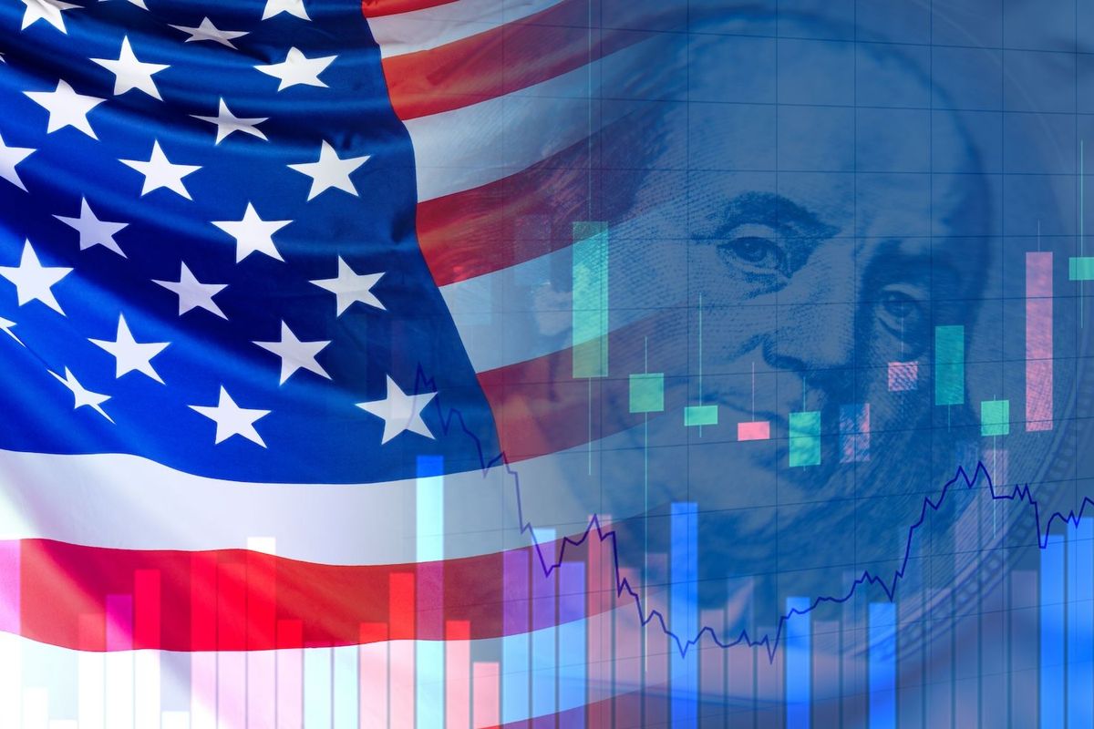 US flag with stock charts.