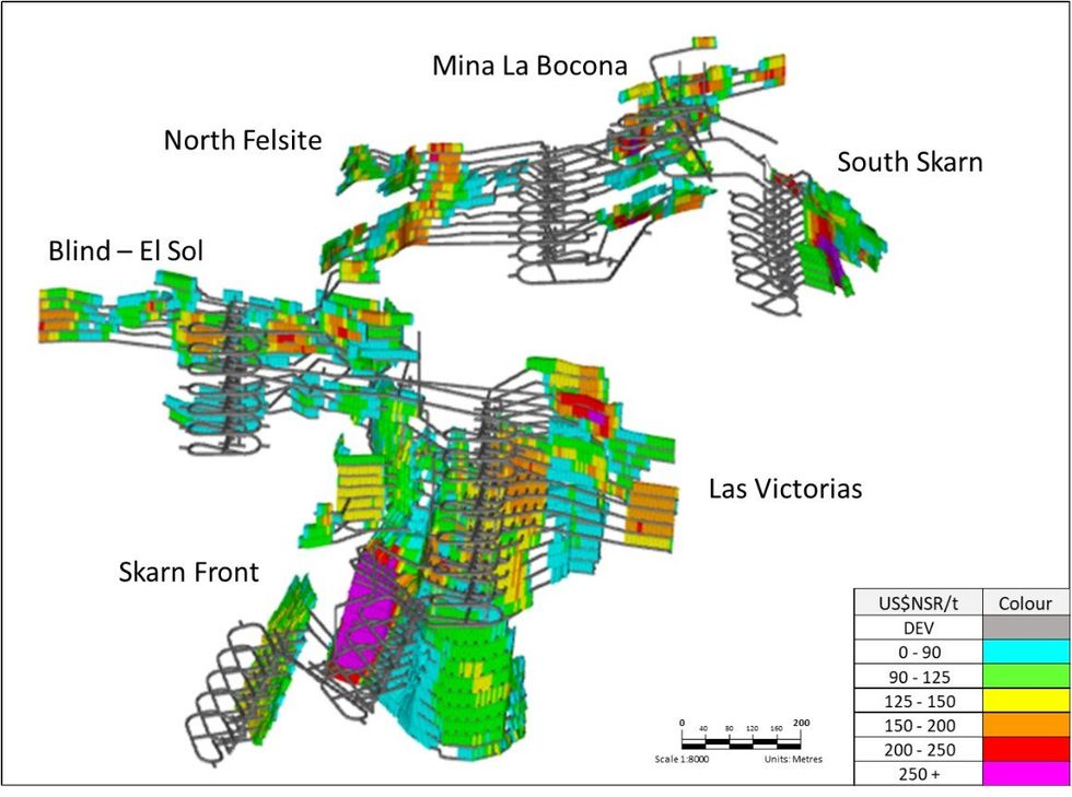 US$NSR/t grade distribution of the Cerro Las Minitas MSO model - looking northeast