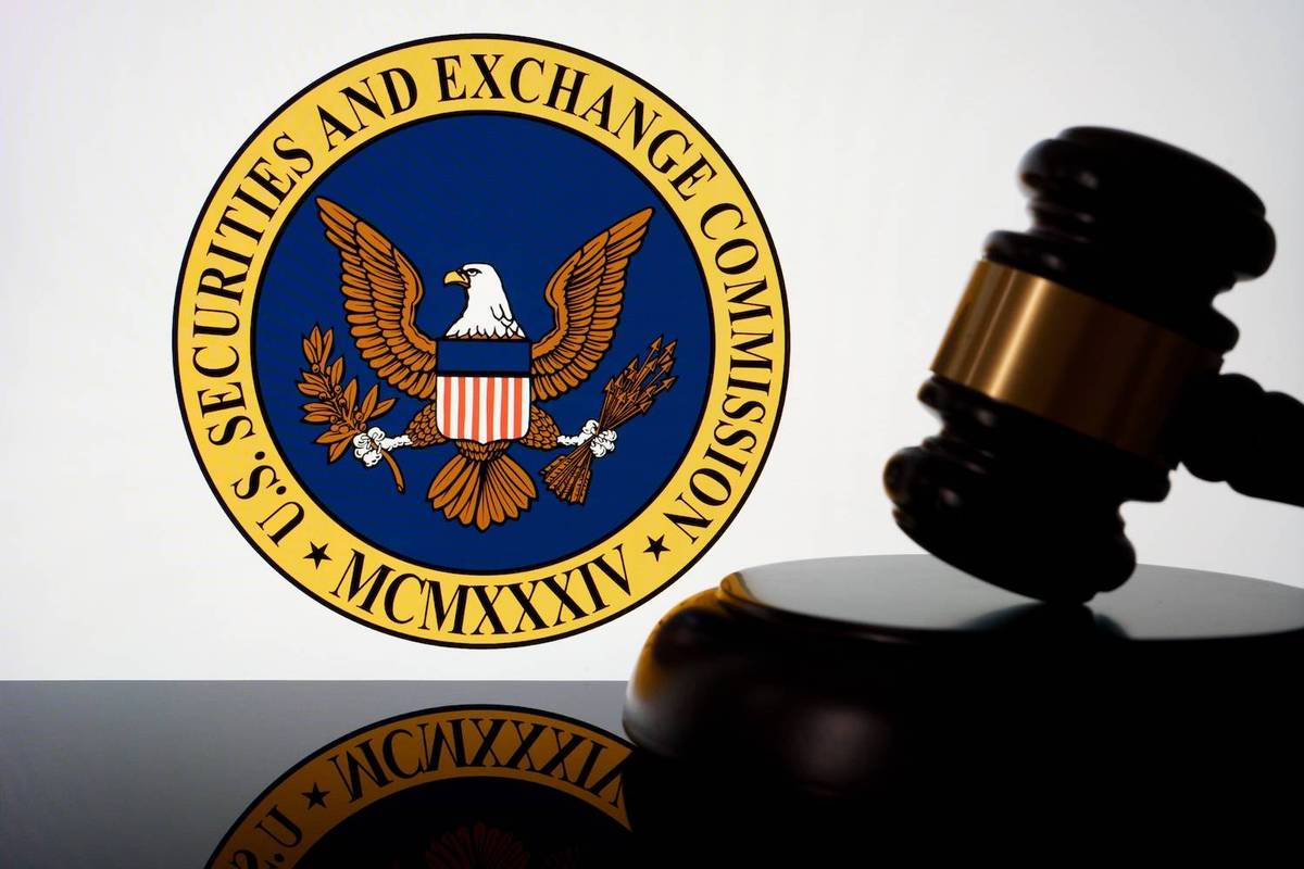US Securities and Exchange Commission emblem with gavel, symbolizing legal authority and regulation.