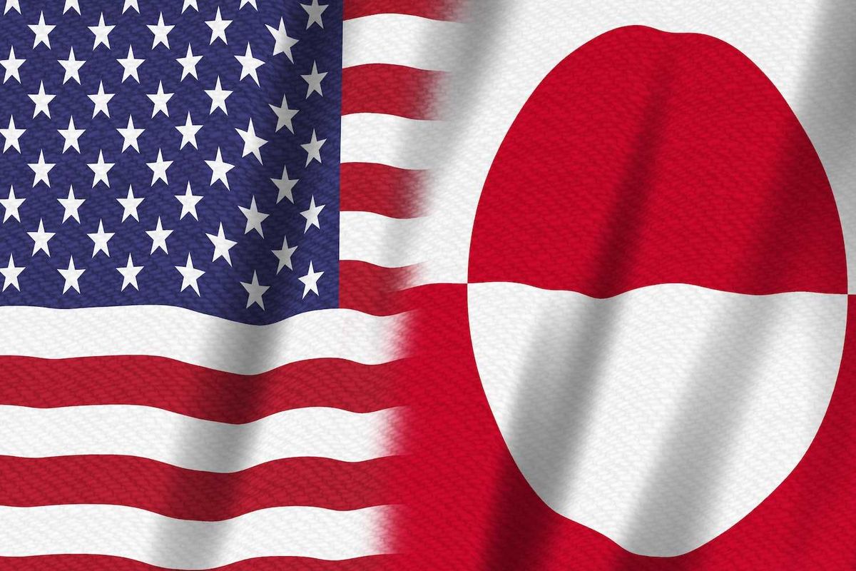 USA and Greenland flags merged side by side, with a wavy fabric texture.