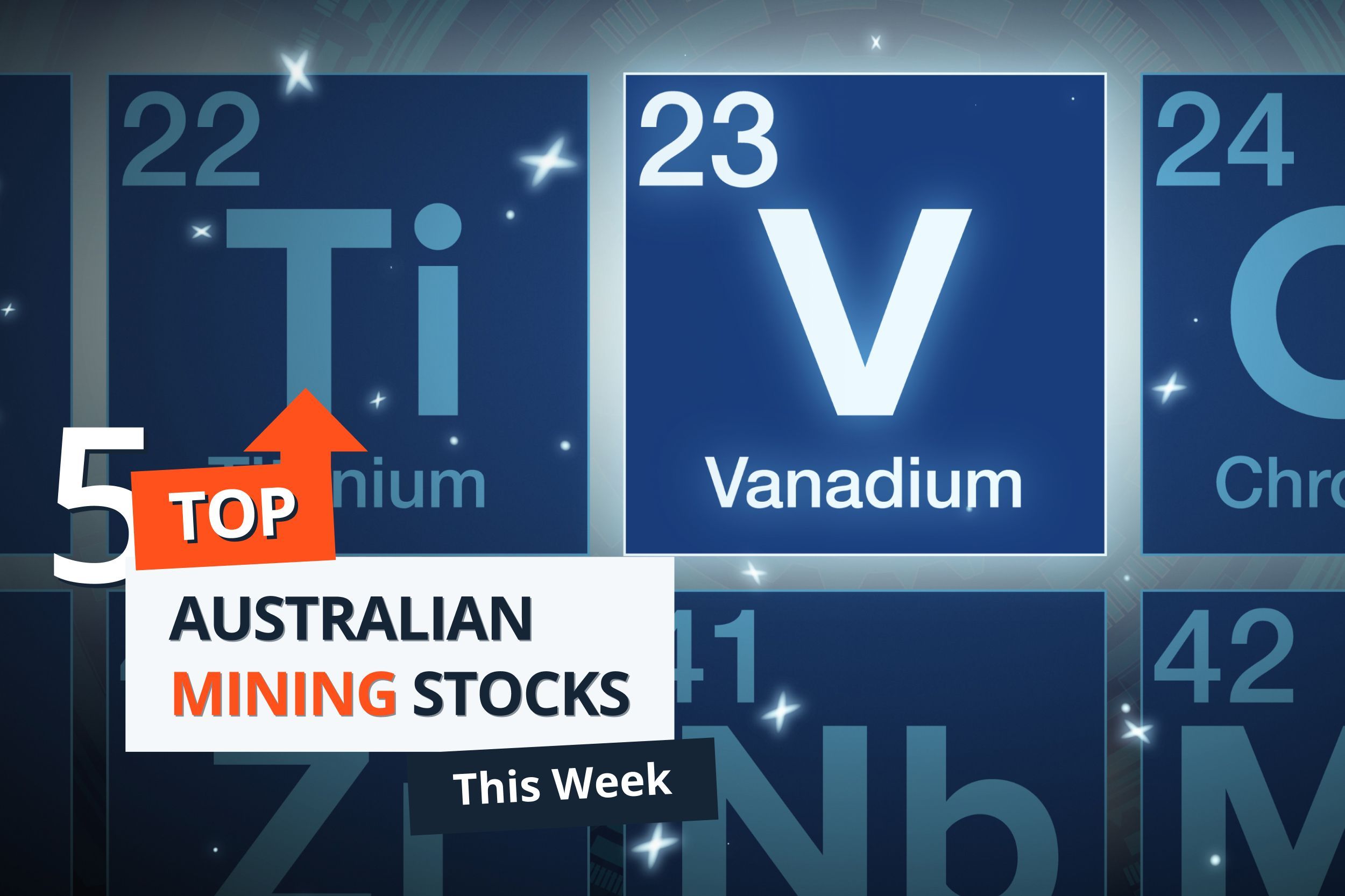 Vanadium on periodic table with "Top 5 Australian Mining Stocks" text.