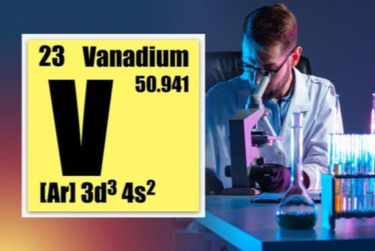 vanadium periodic symbol, researcher looking through microscope in a lab