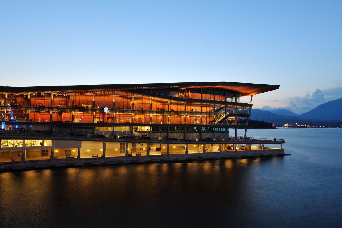 Vancouver Convention Center at night.