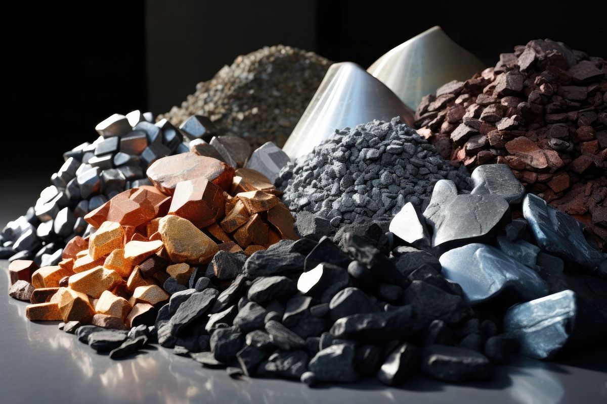 Various piles of colorful minerals and ores on a reflective surface.
