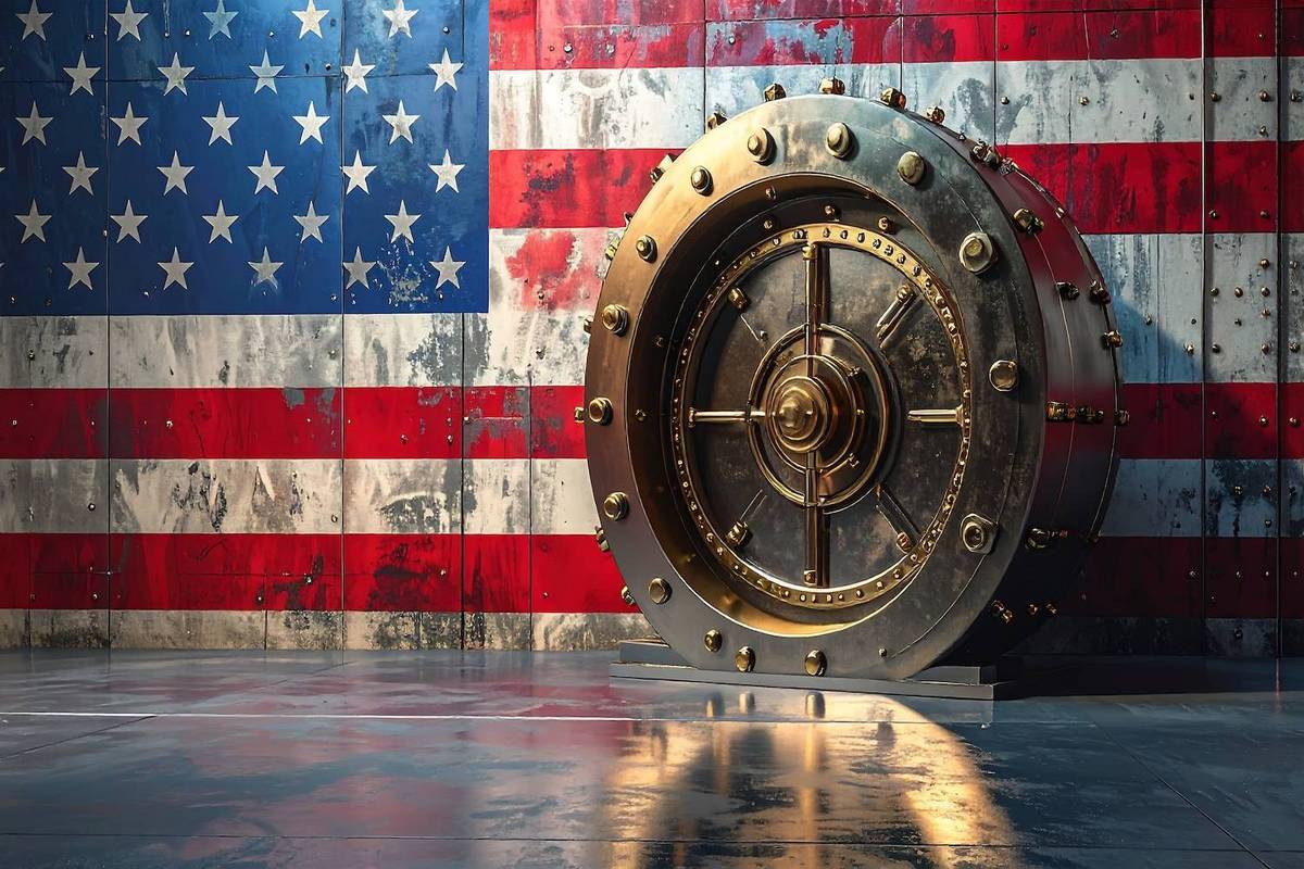 Vault door against distressed American flag background.