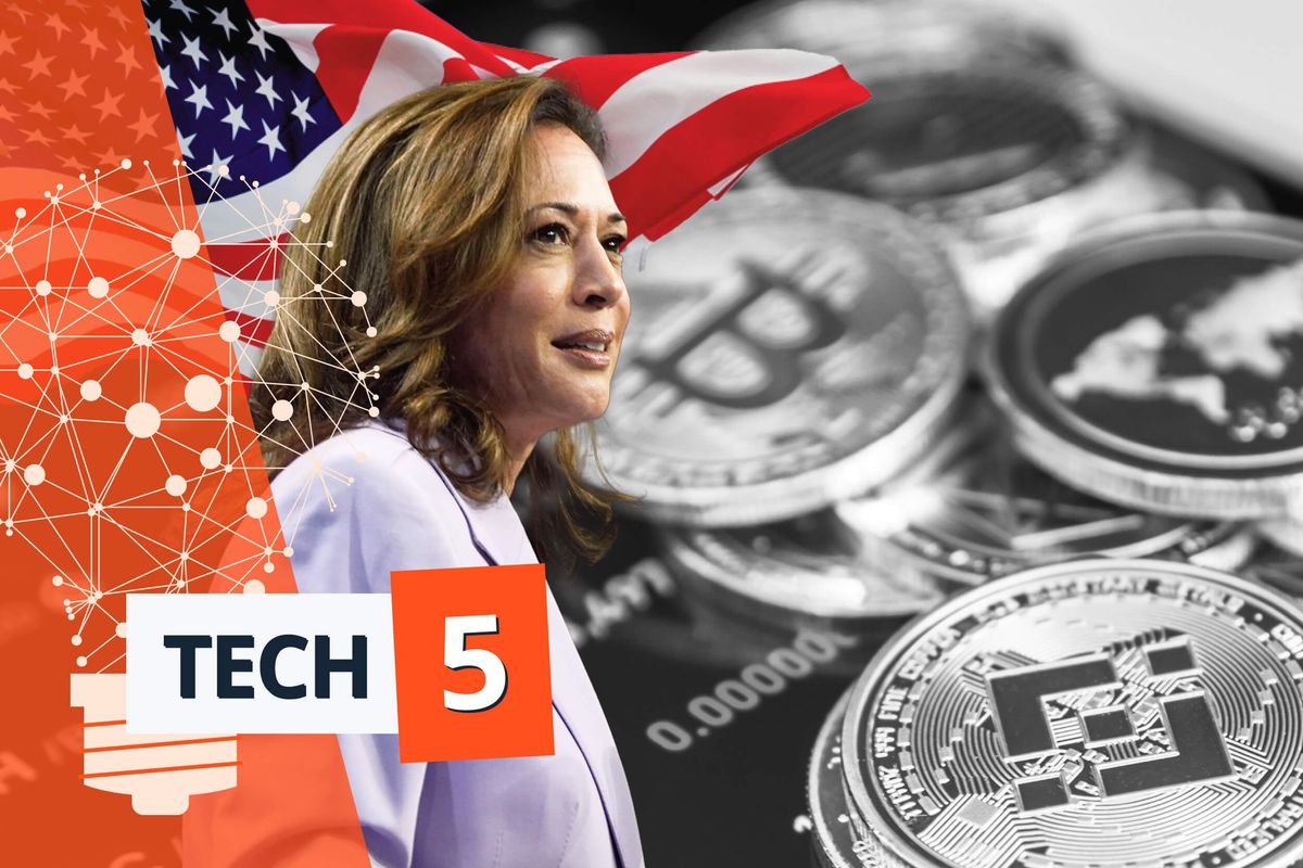 Vice President Kamala Harris with a US flag and crypto coins.