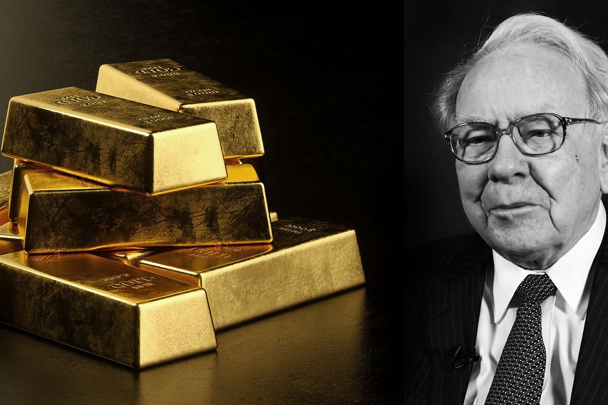 Warren Buffett's face superimposed onto an image of a pile of gold bars.